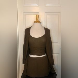 Brown Three piece cardigan, mini shorts and crop top outfit for women.NWNT